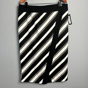 Worthington Striped Midi Skirt Black White Gold Wrap Look Size 16T Career Chic